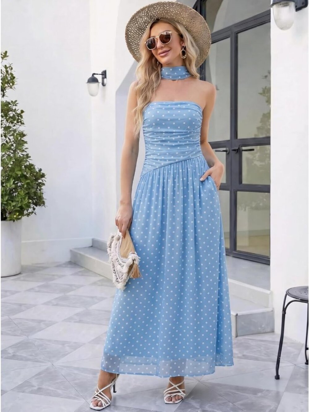 Women's Blue-Polka-Dot Strapless Ruched Elastic Waist Flowy Aline Fit Maxi Dress - Picture 3 of 6